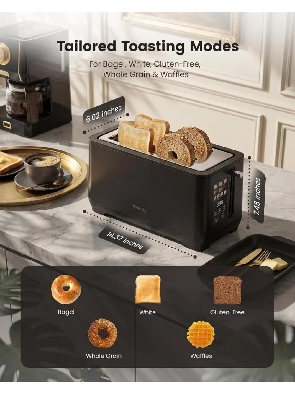 4 Slice Black Long Slot Touch Screen with Digital Countdown Retro Toaster